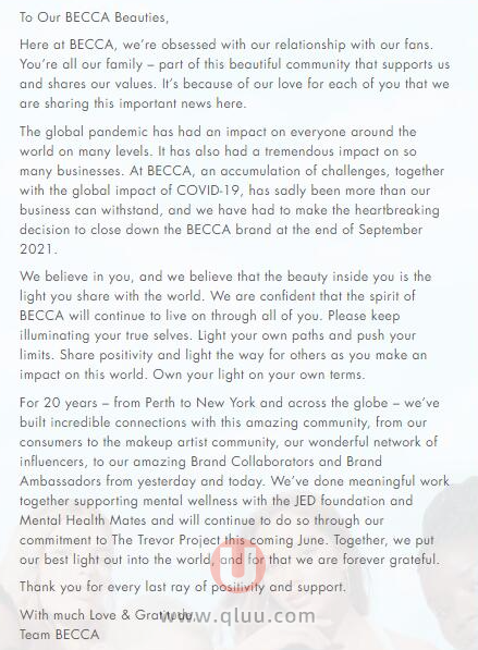 BECCA正式宣布倒闭关停